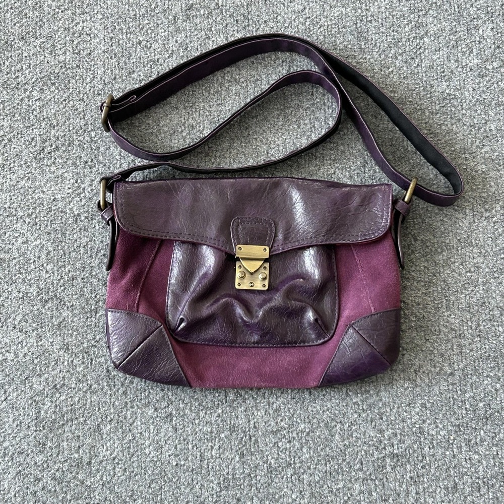 Poppie Jones Purple Leather Suede Crossbody Brass Lock Bag‎ Boho